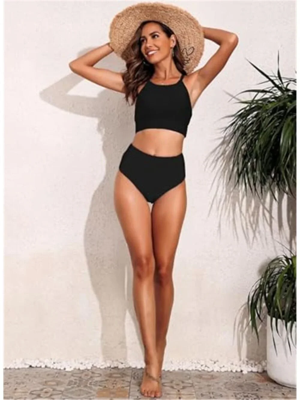 High Neck Tropical Leaf Print High Waisted Two Piece Push Up Bikini Set Black